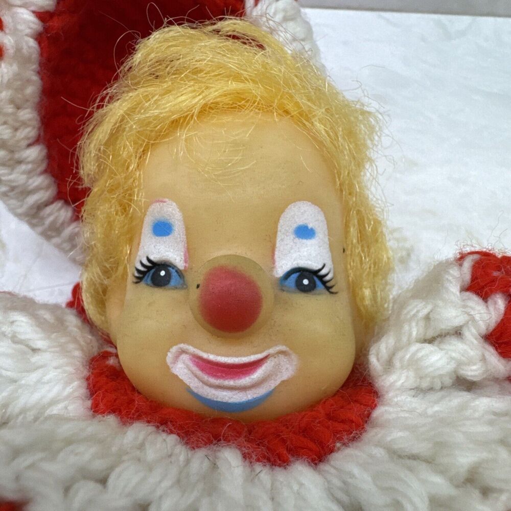 Vintage Kitsch Crochet Clown Doll Handmade Yarn Plush Plastic Face Red White - Picture 3 of 9